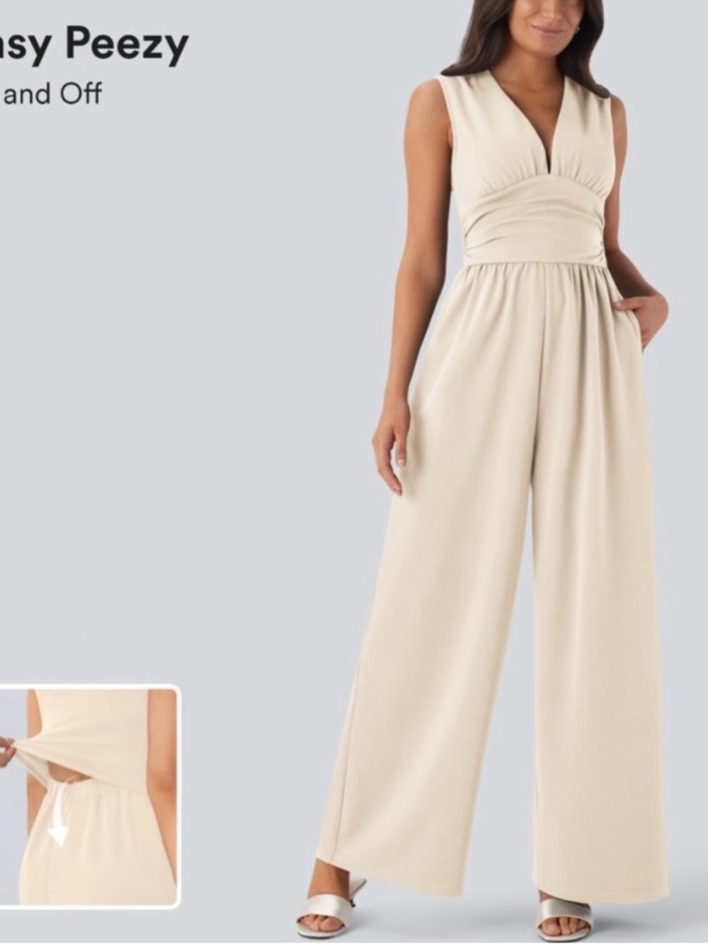 HALARA Sleeveless V-Neck Wide-Leg Jumpsuit in Cream